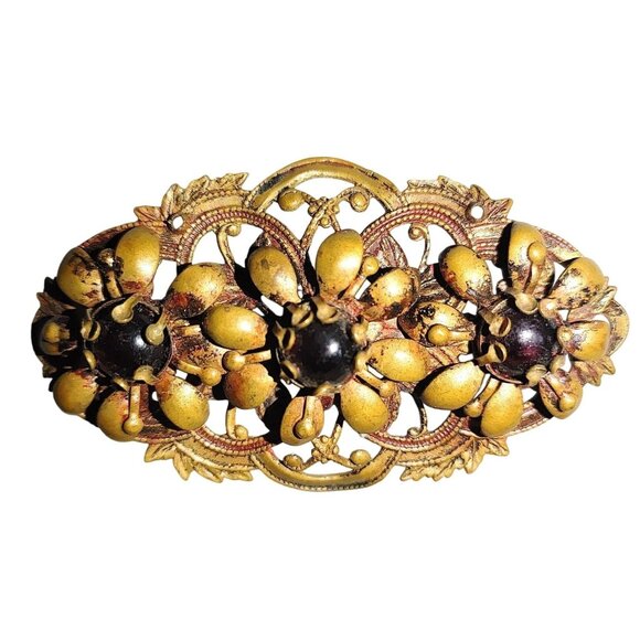 Antique Brooch Victorian Art Nouveau Gold Tone Floral Gilt Brass Dark Glass - Picture 1 of 10